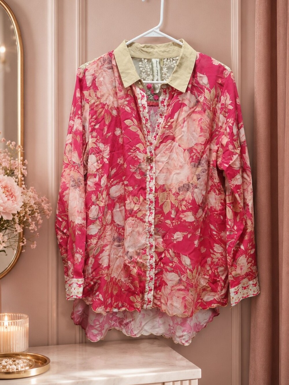 NWOT Aratta Silent Journey Medoum Floral Pink Button-Down Shirt